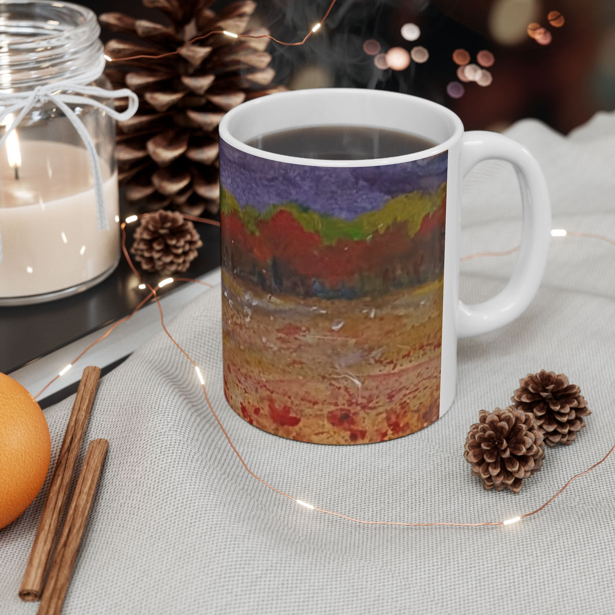 Autumn Field Watercolor Ceramic Mug — Fall Landscape Coffee Cup (11oz, 15oz)
