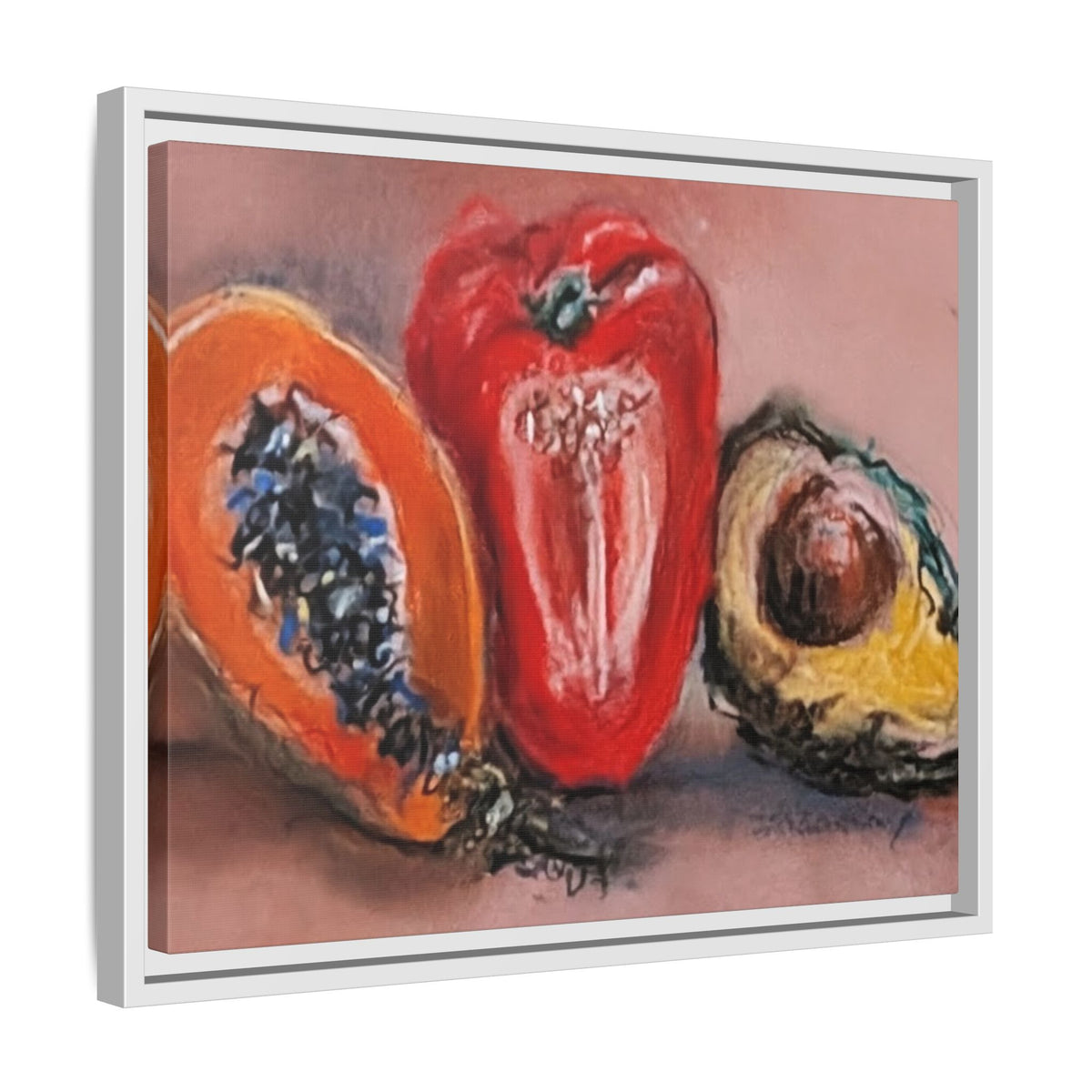 Framed Matte Canvas Art — Vibrant Still Life: Papaya, Red Pepper & Avocado