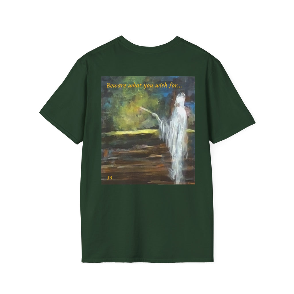 Ghostly Figure Makes Wishes Back Print T-Shirt | Minimal Script Logo
