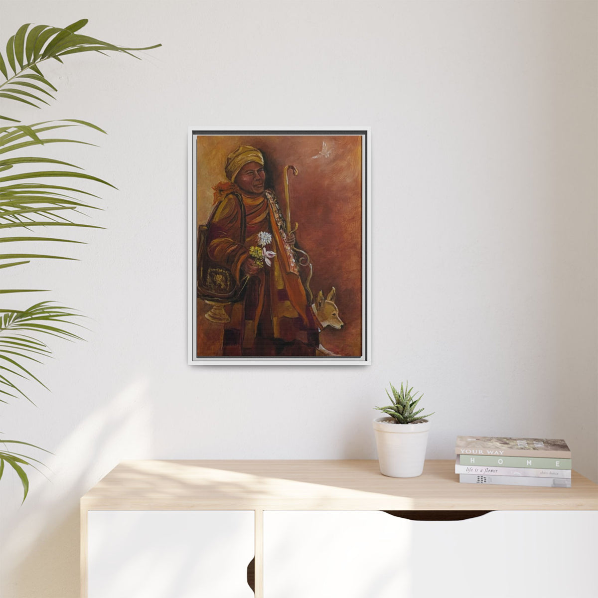 Monk & Dog & Dove Matte Canvas Framed | Earth Tone Wall Art