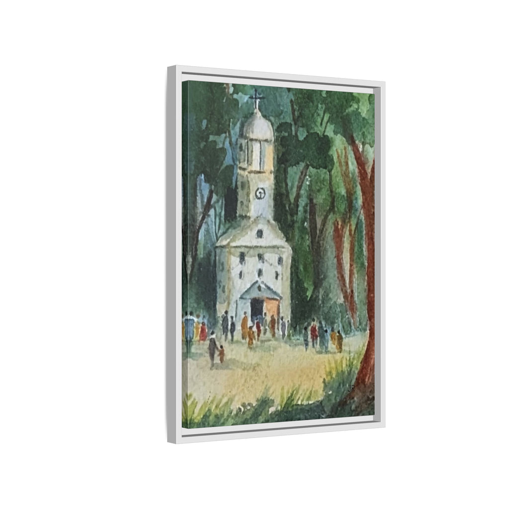 Framed Matte Canvas Print — Watercolor Church in Woodland Scene