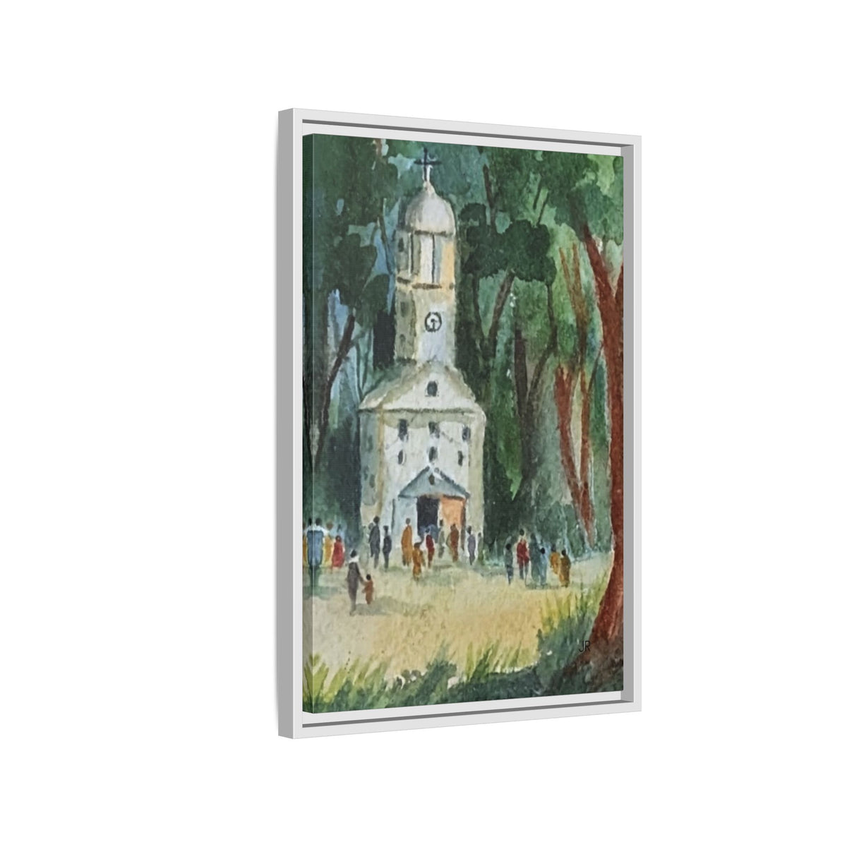 Framed Matte Canvas Print — Watercolor Church in Woodland Scene
