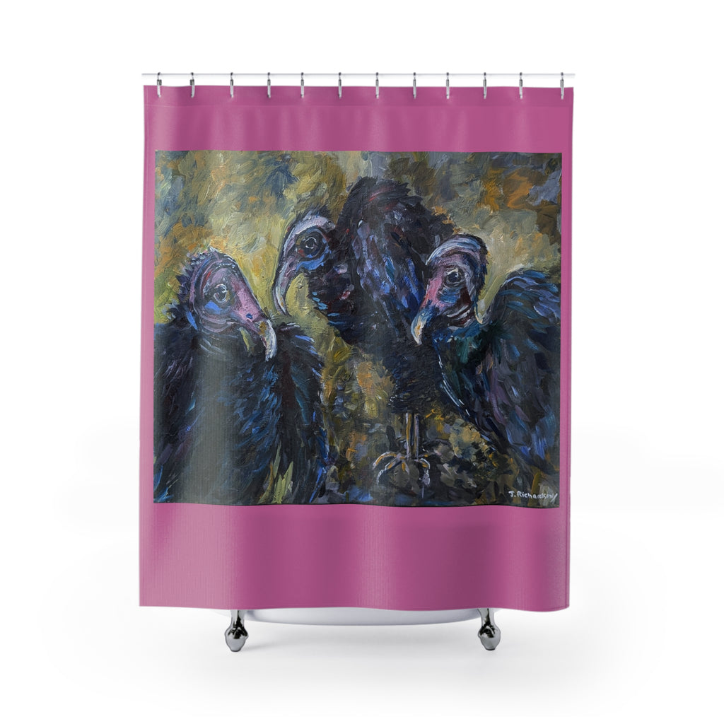 Vulture Trio Shower Curtain | Bold Pink Border, Dark Painterly Bird Artwork