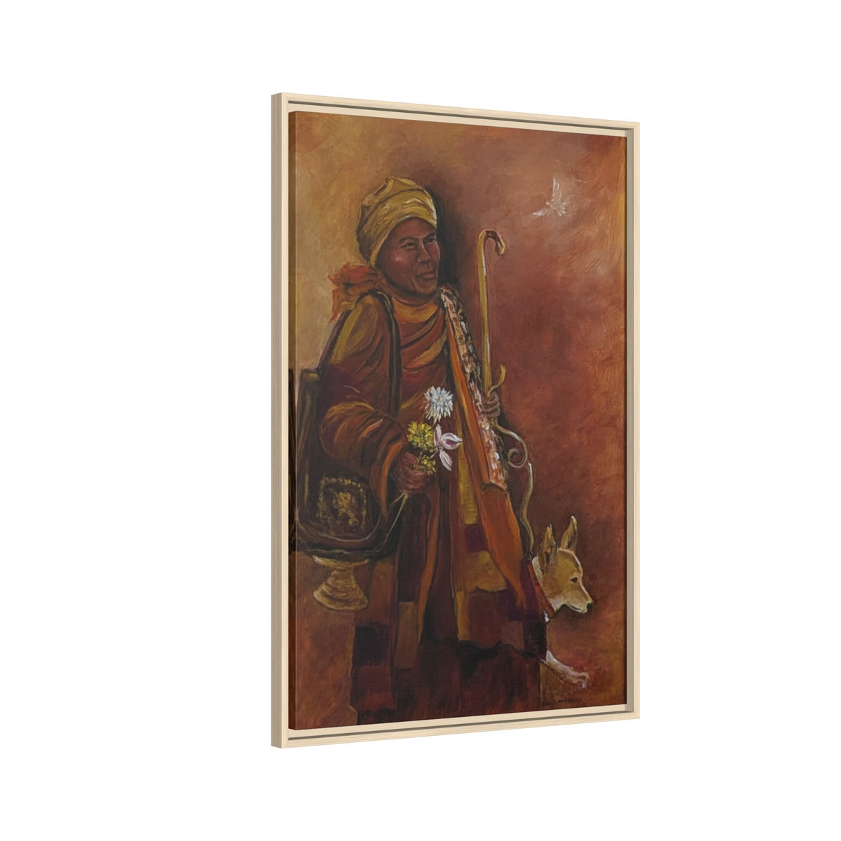 Monk & Dog & Dove Matte Canvas Framed | Earth Tone Wall Art