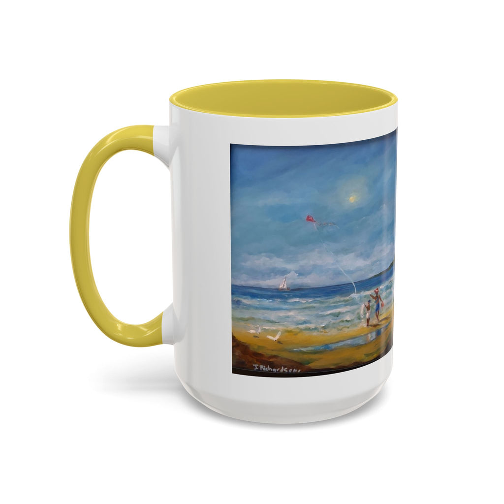 Beach & kite scene, Coffee Accent Mug - Personalize it! Colorful Ceramic Mug (11oz, 15oz)