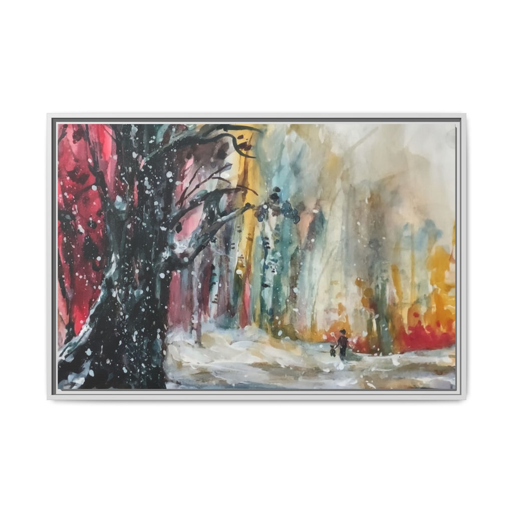 Forest Winter Walk Scene Framed Matte Canvas, | Multi-Color Wall Art