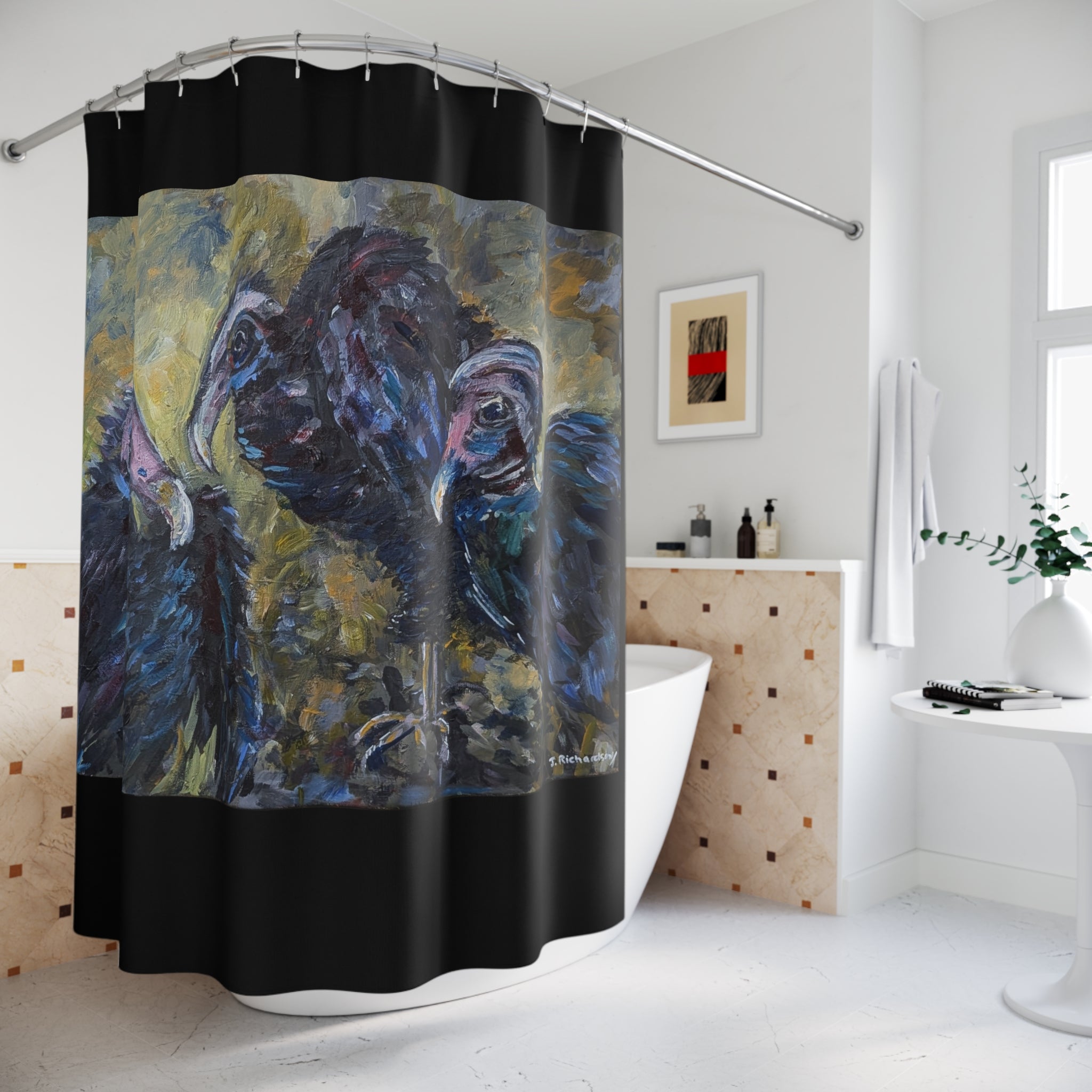 Vulture Trio Shower Curtain | Black Border, Dark Painterly Bird Artwork