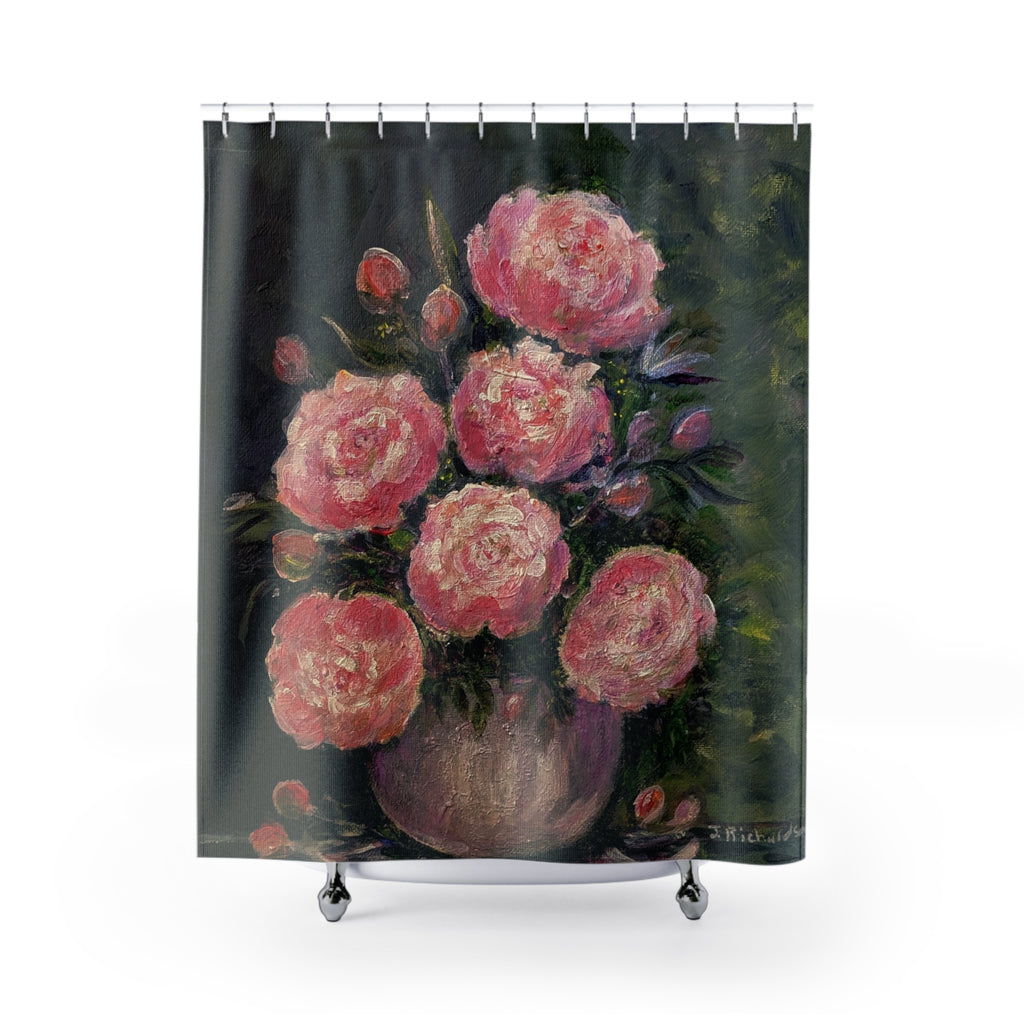 Pink Peony Bouquet Shower Curtain | Floral Oil Painting Bathroom Decor
