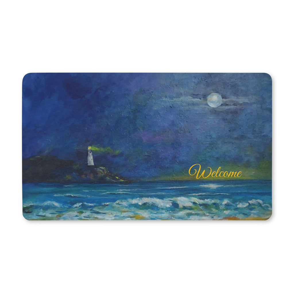 Polyester Lighthouse Moonlit Doormat — Nautical Coastal Entry Rug