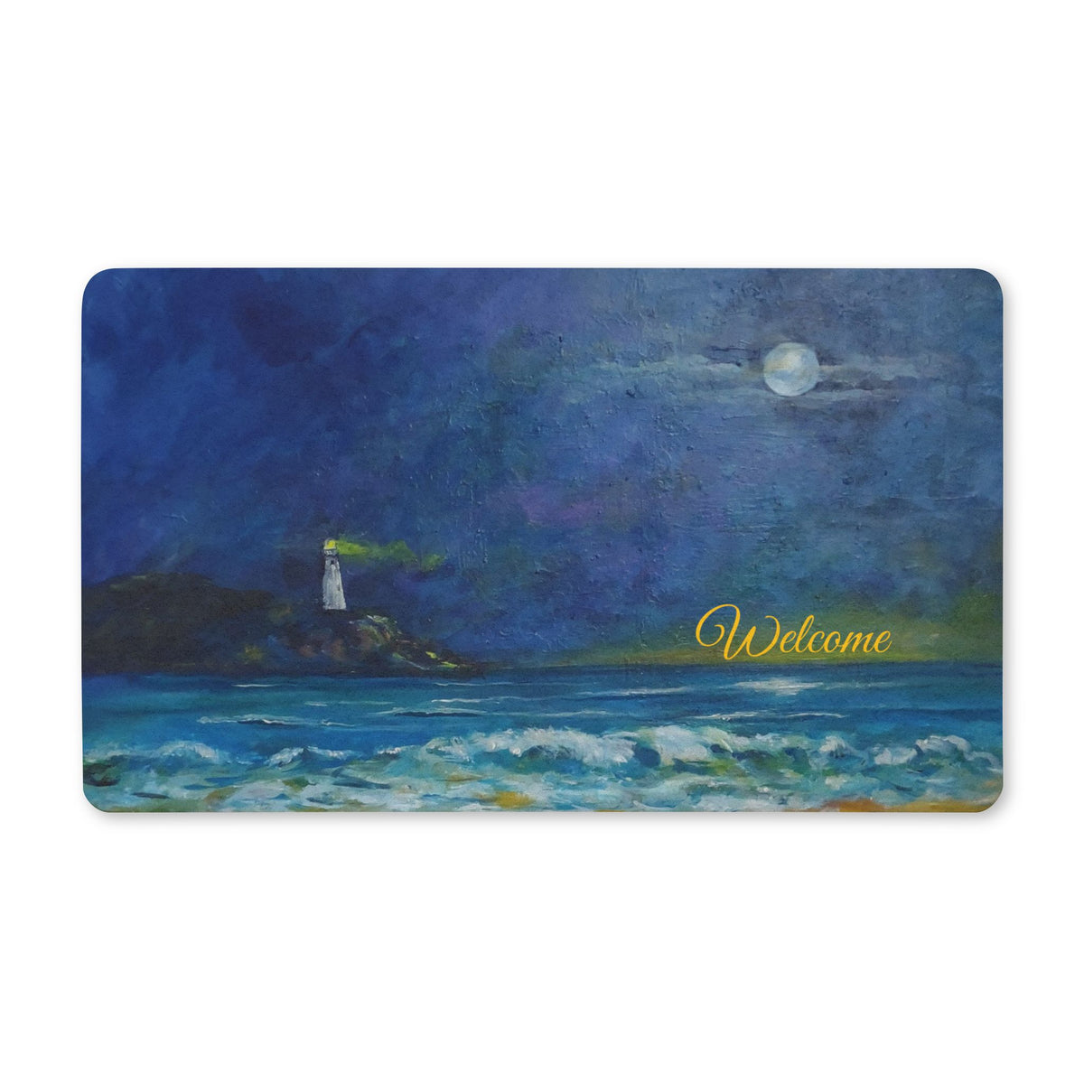 Polyester Lighthouse Moonlit Doormat — Nautical Coastal Entry Rug
