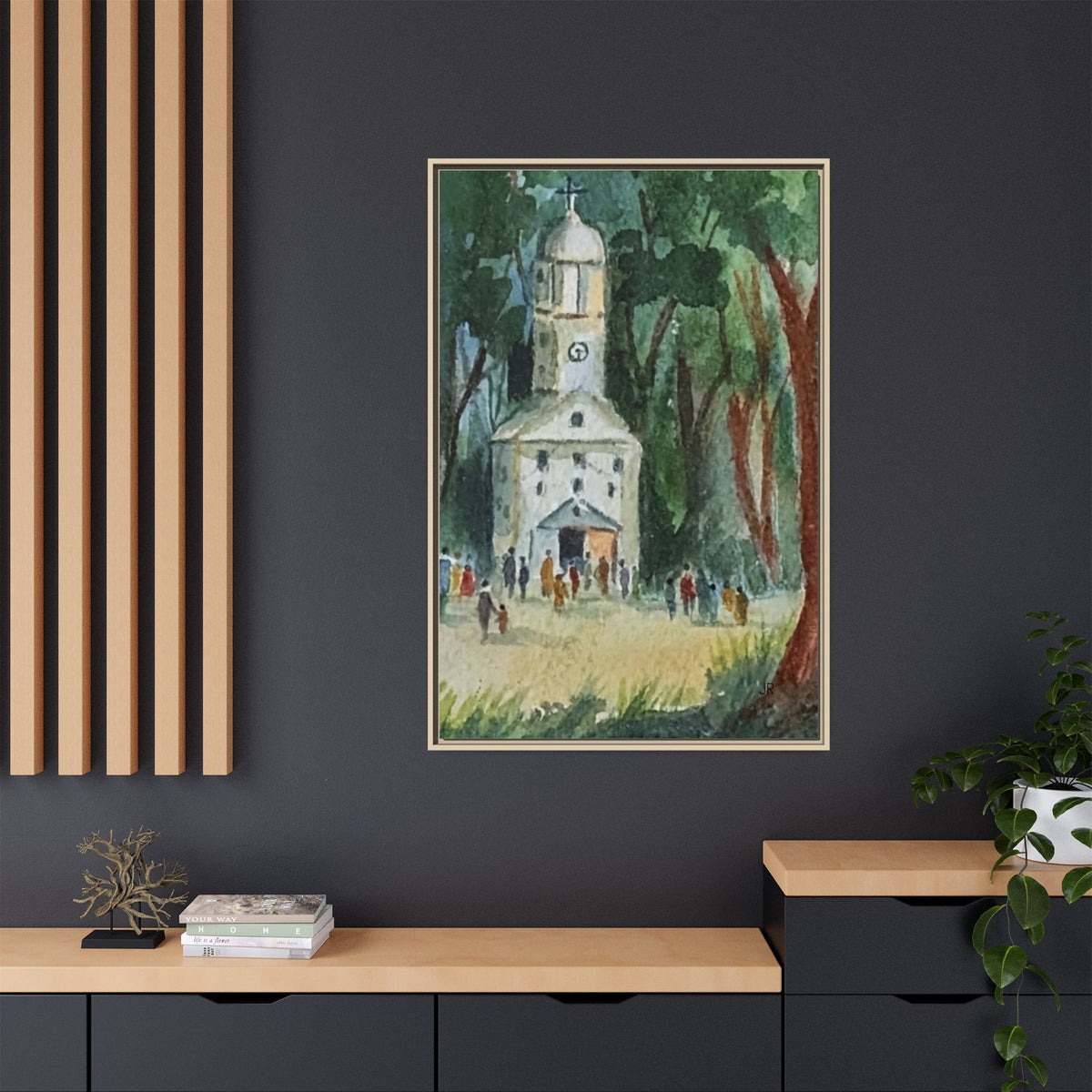 Framed Matte Canvas Print — Watercolor Church in Woodland Scene
