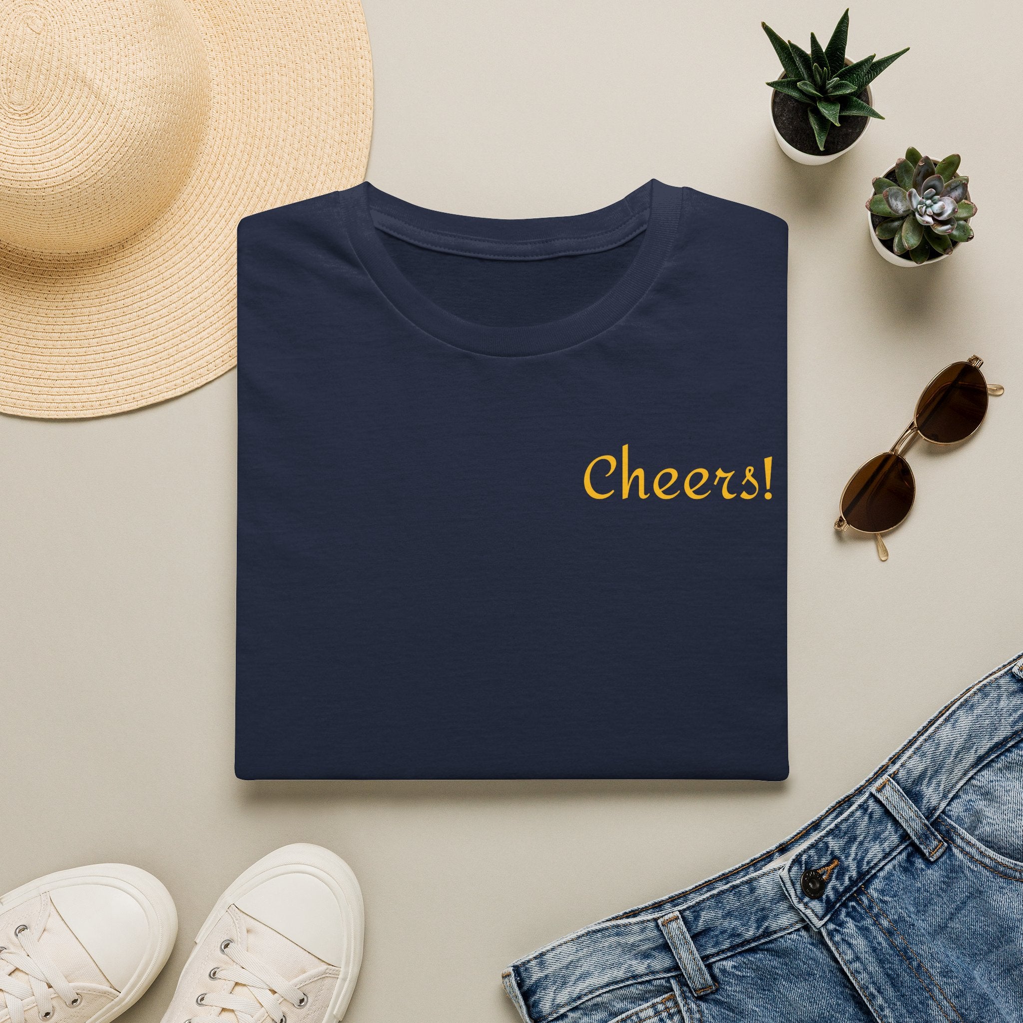 Cheers cocktail Unisex T Shirt, back design, "Cheers' script front
