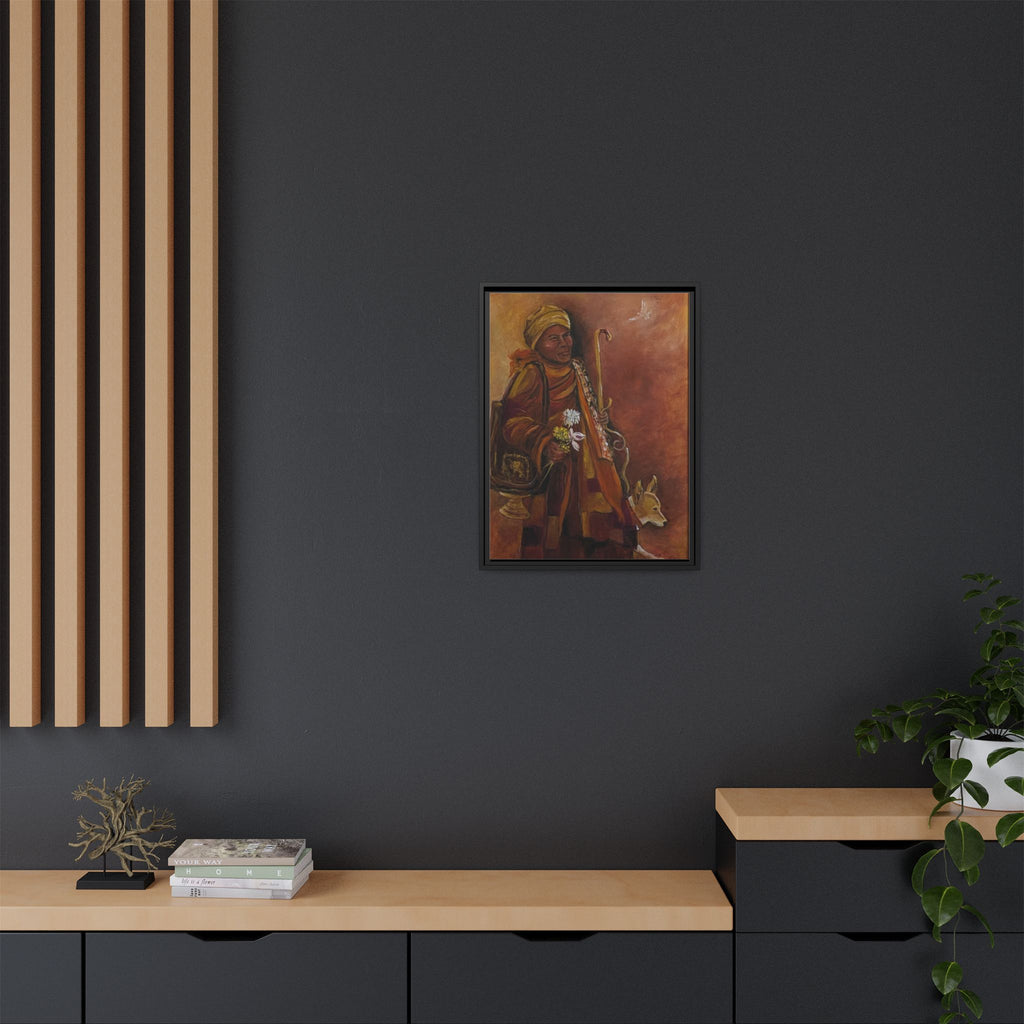 Monk & Dog & Dove Matte Canvas Framed | Earth Tone Wall Art