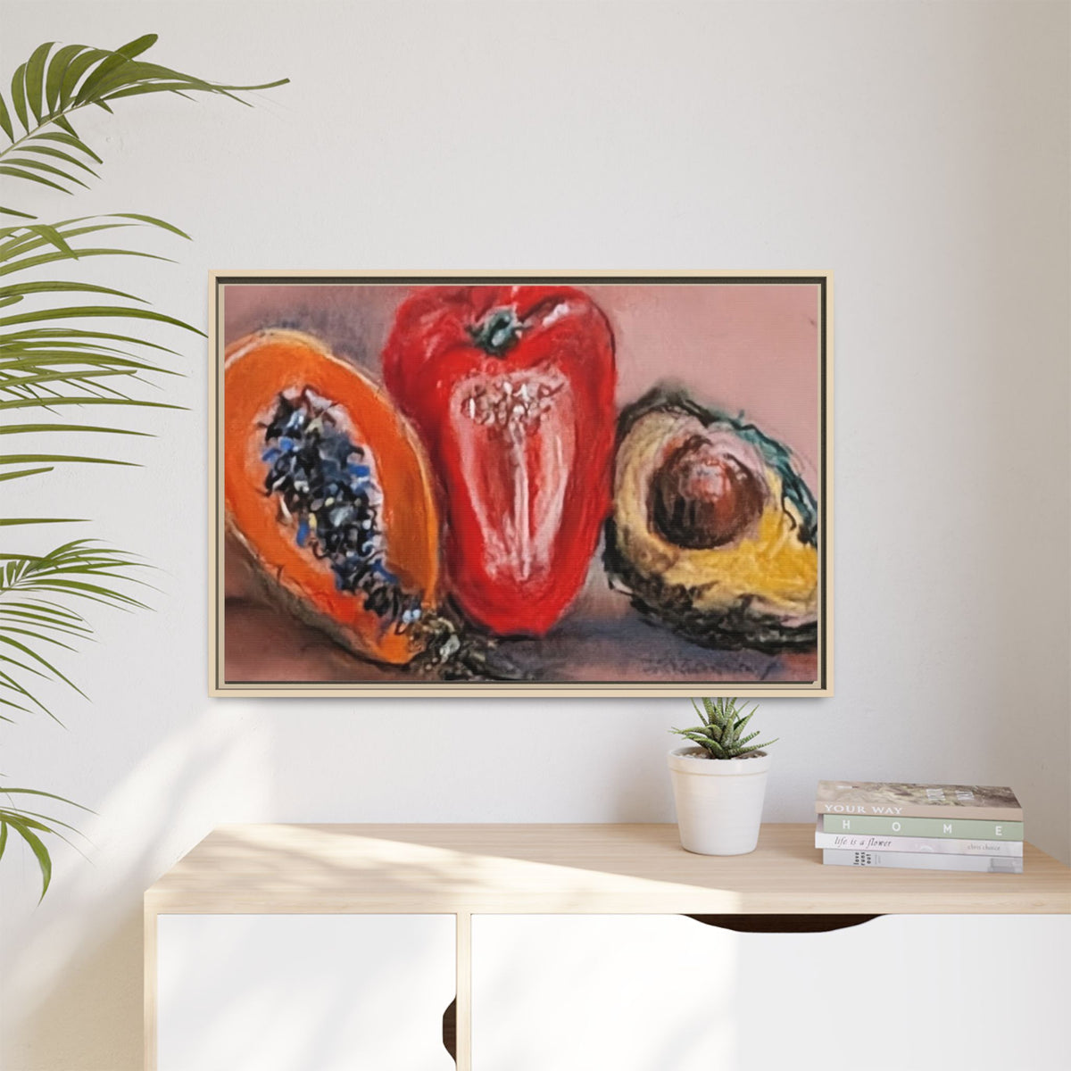 Framed Matte Canvas Art — Vibrant Still Life: Papaya, Red Pepper & Avocado