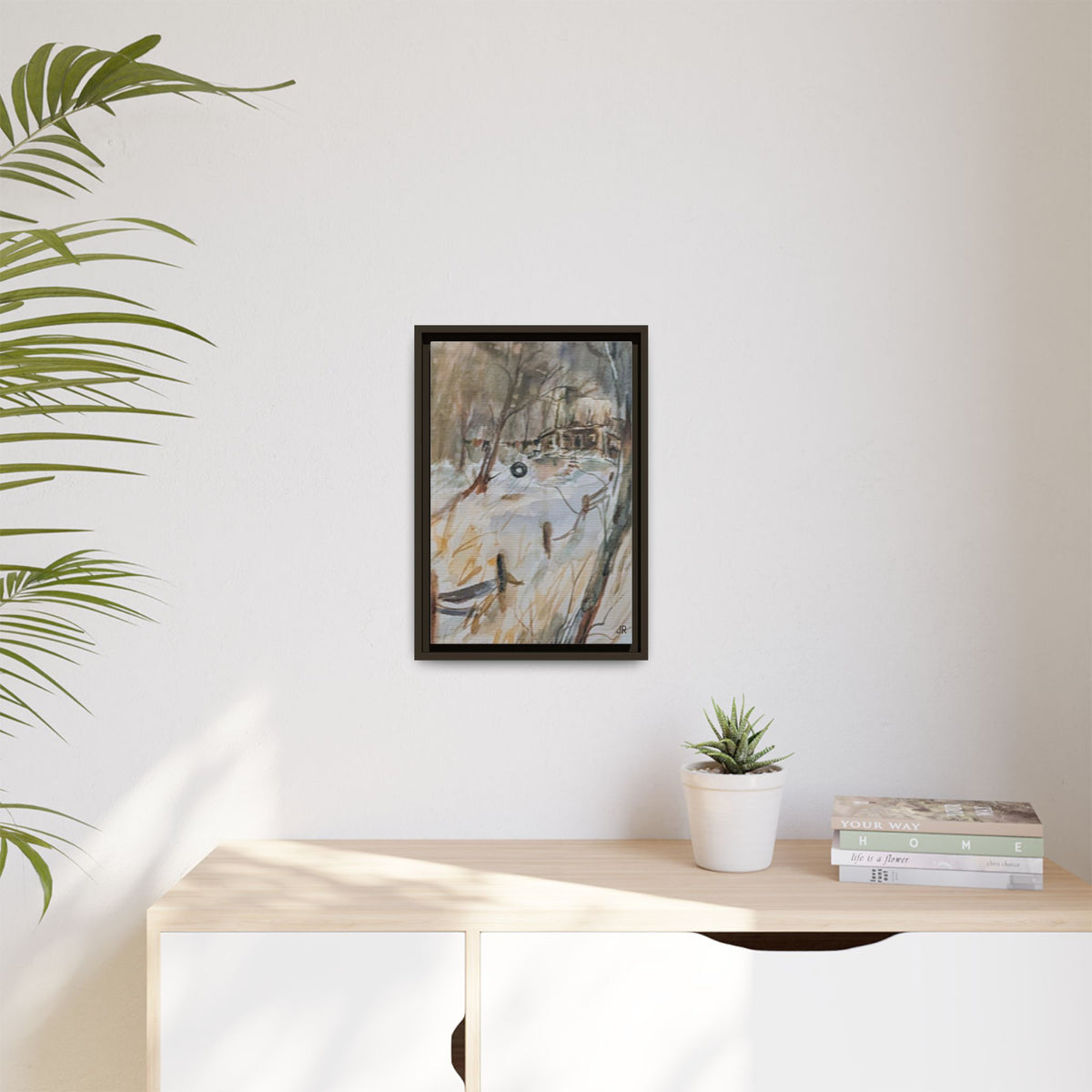 Winter Cabin Landscape Framed Canvas Print