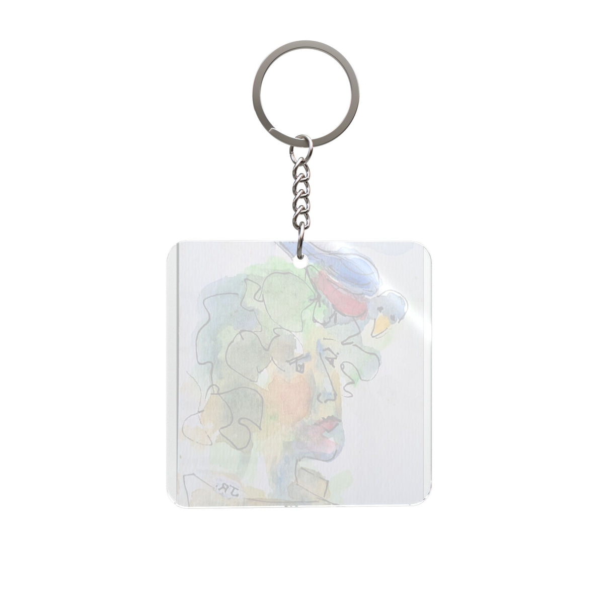 Square Keychain -  Bird on head watercolor Art Keyring