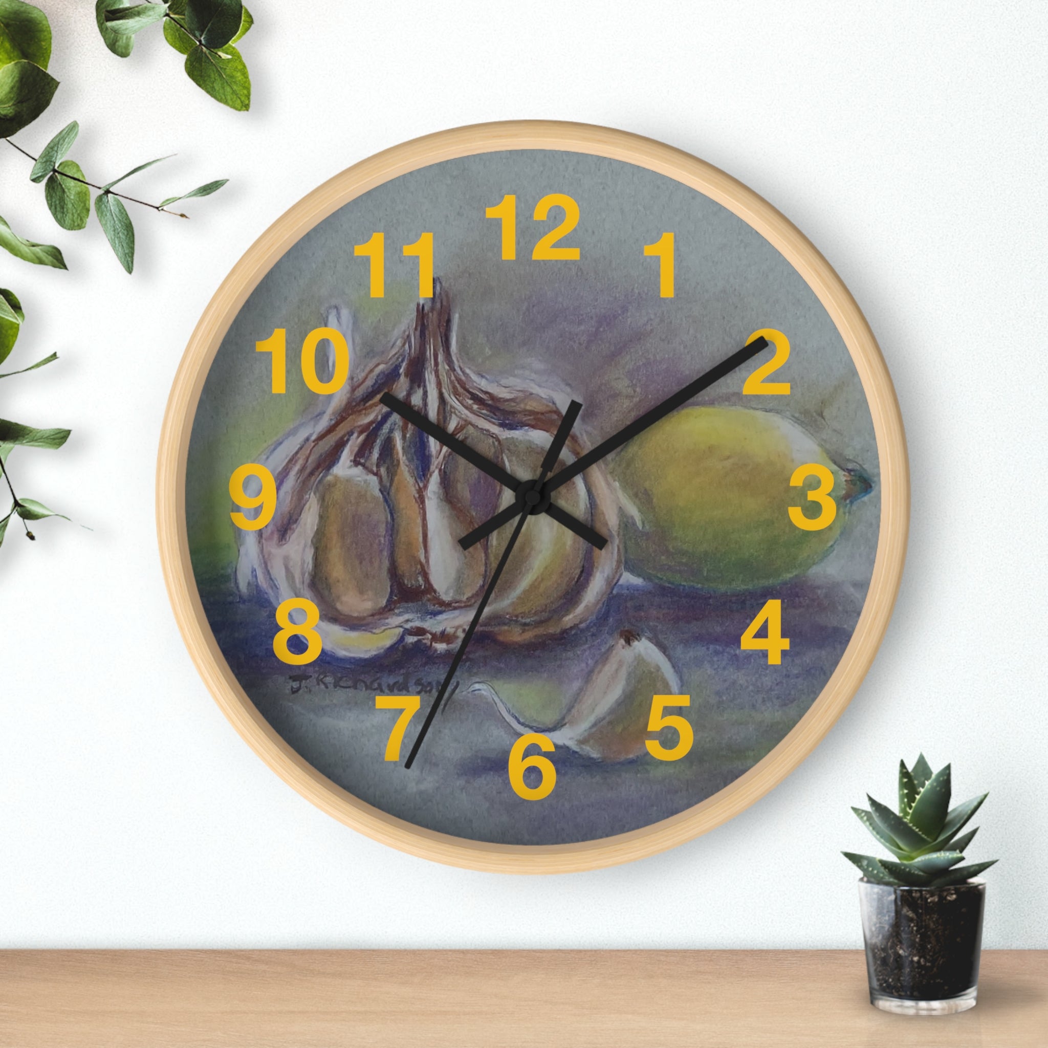 Garlic & Lemon Kitchen Wall Clock — Still Life Food Art Home Decor