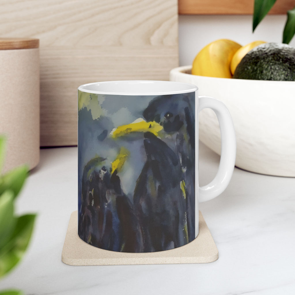Artistic Raven Ceramic Mug – Dark Blue Watercolor Crow Coffee Cup (11oz & 15oz)