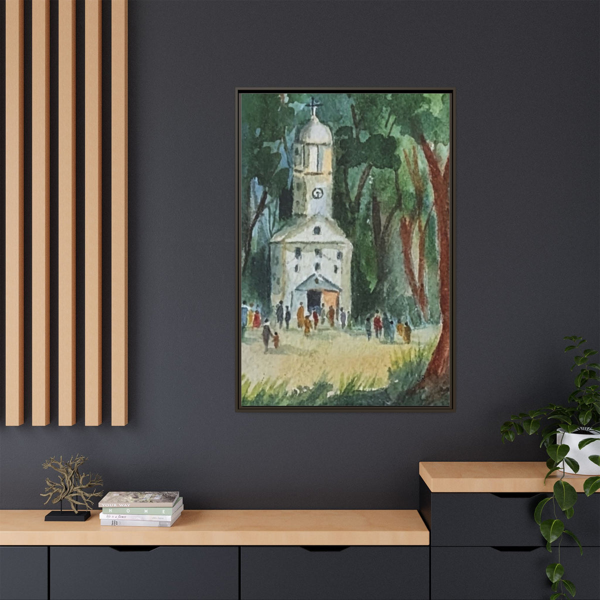 Framed Matte Canvas Print — Watercolor Church in Woodland Scene