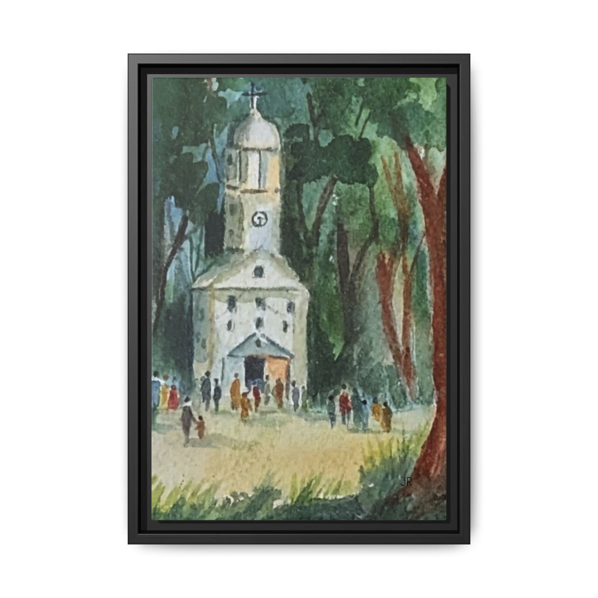 Framed Matte Canvas Print — Watercolor Church in Woodland Scene