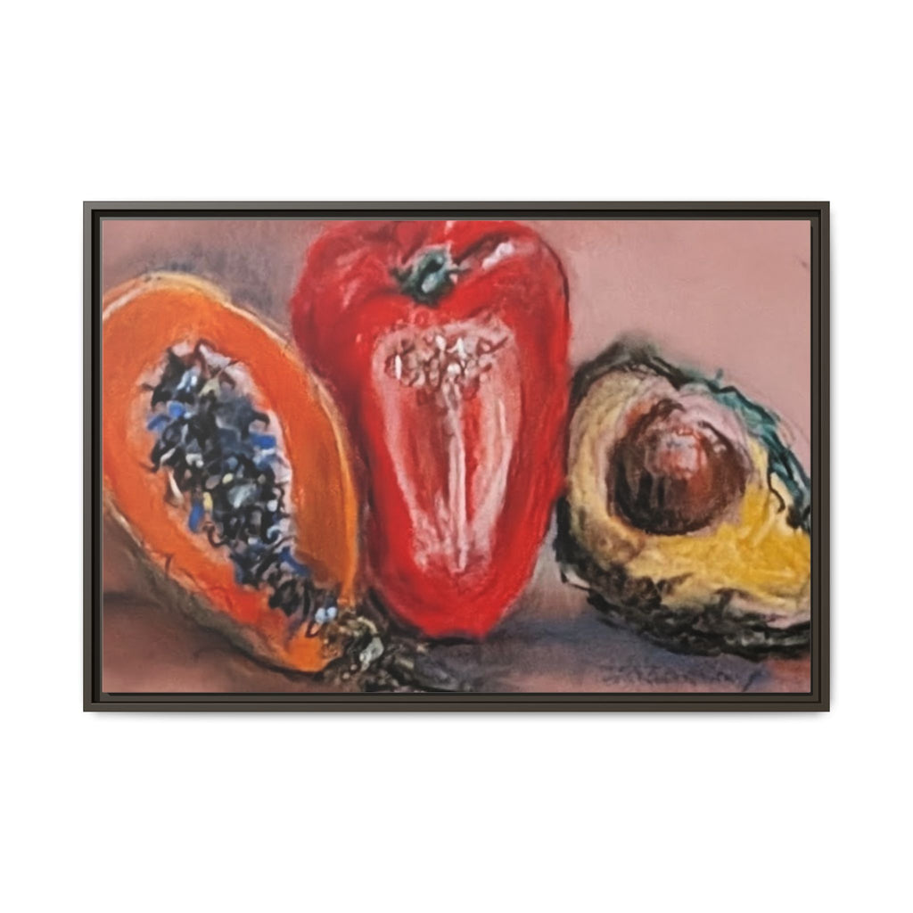 Framed Matte Canvas Art — Vibrant Still Life: Papaya, Red Pepper & Avocado