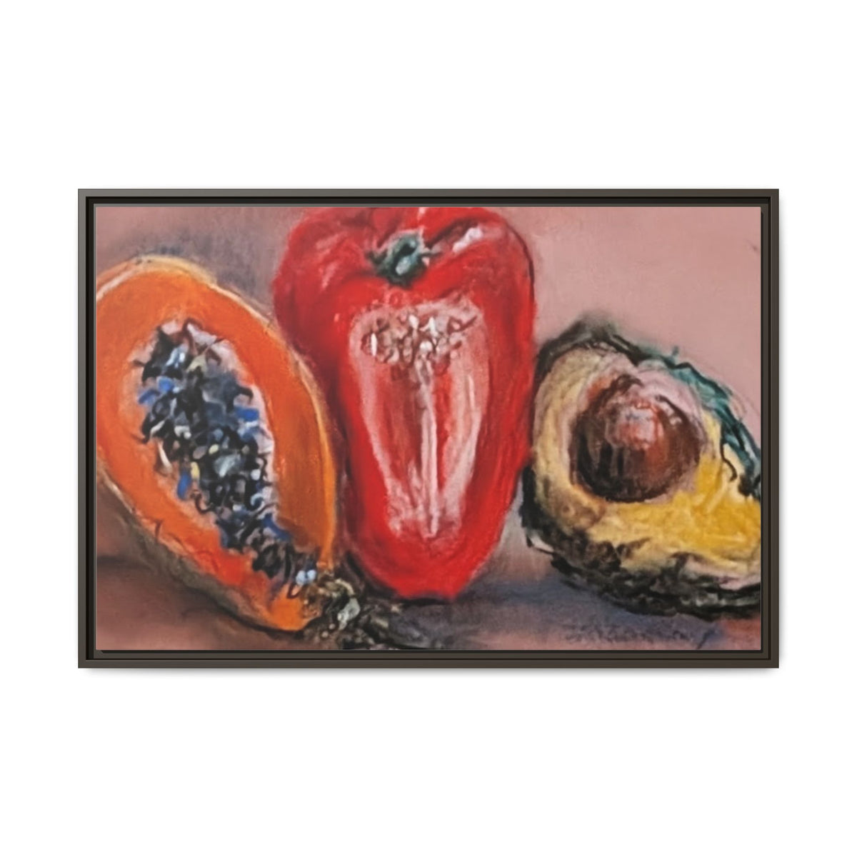 Framed Matte Canvas Art — Vibrant Still Life: Papaya, Red Pepper & Avocado