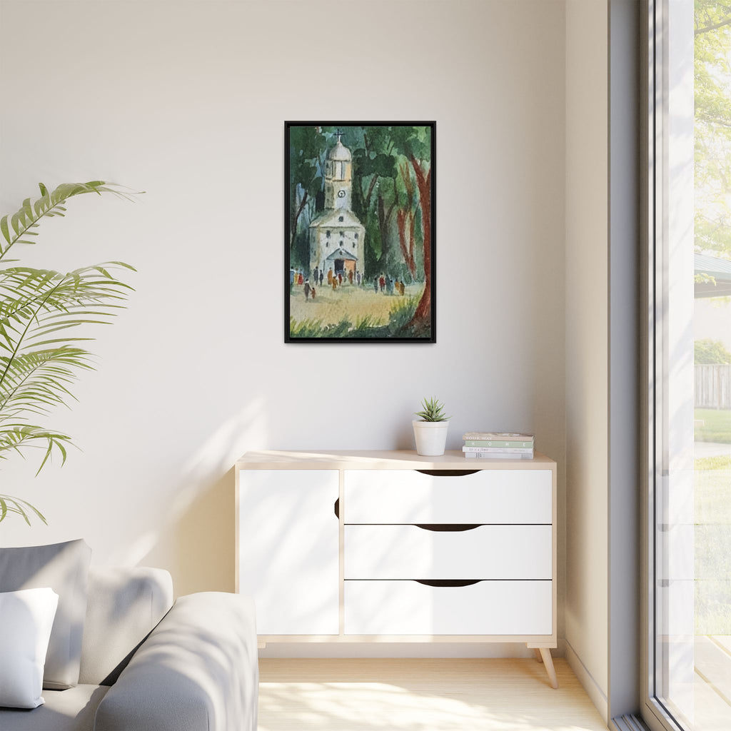 Framed Matte Canvas Print — Watercolor Church in Woodland Scene