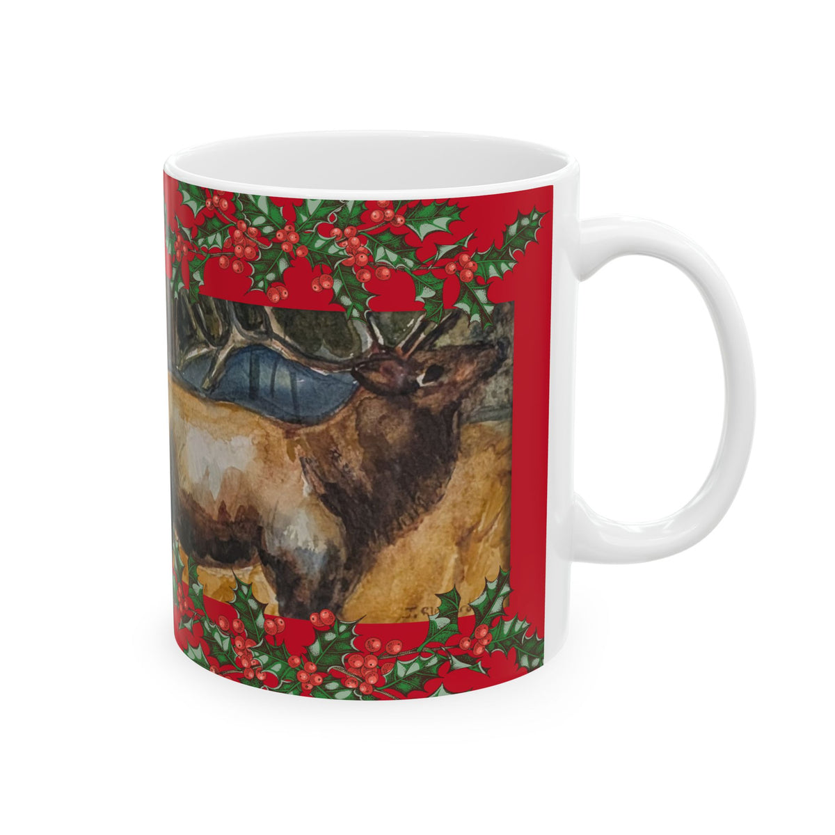 Rustic Elk Painting Christmas Mug | Holiday Holly Border Ceramic Mug
