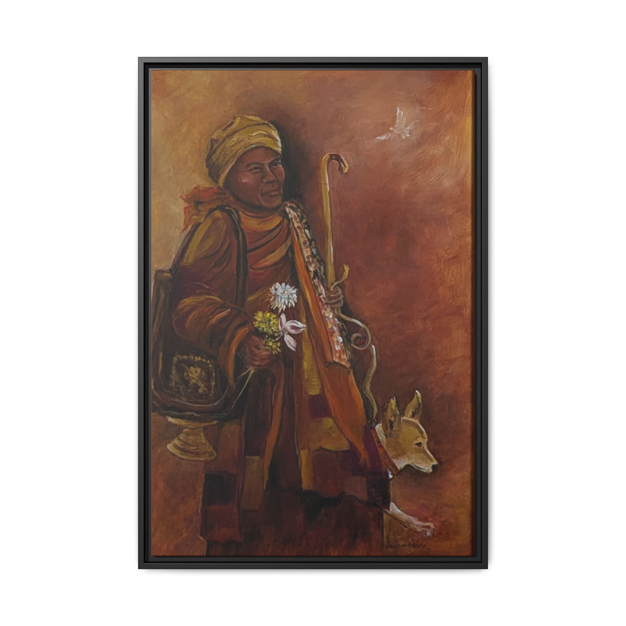 Monk & Dog & Dove Matte Canvas Framed | Earth Tone Wall Art