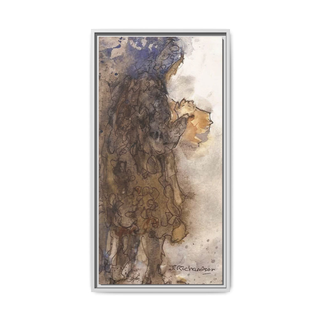 Framed Matte Canvas — "Left Behind Homeless Woman" Watercolor Abstract (Earth Tones)