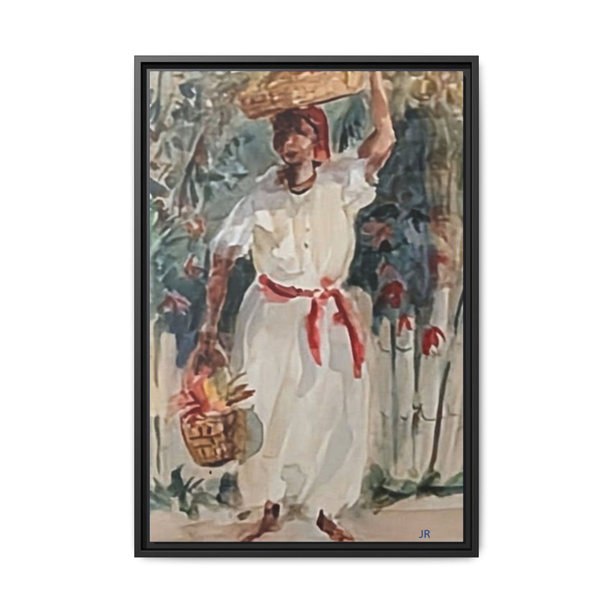 Tropical Market Woman Framed Watercolor Wall Art