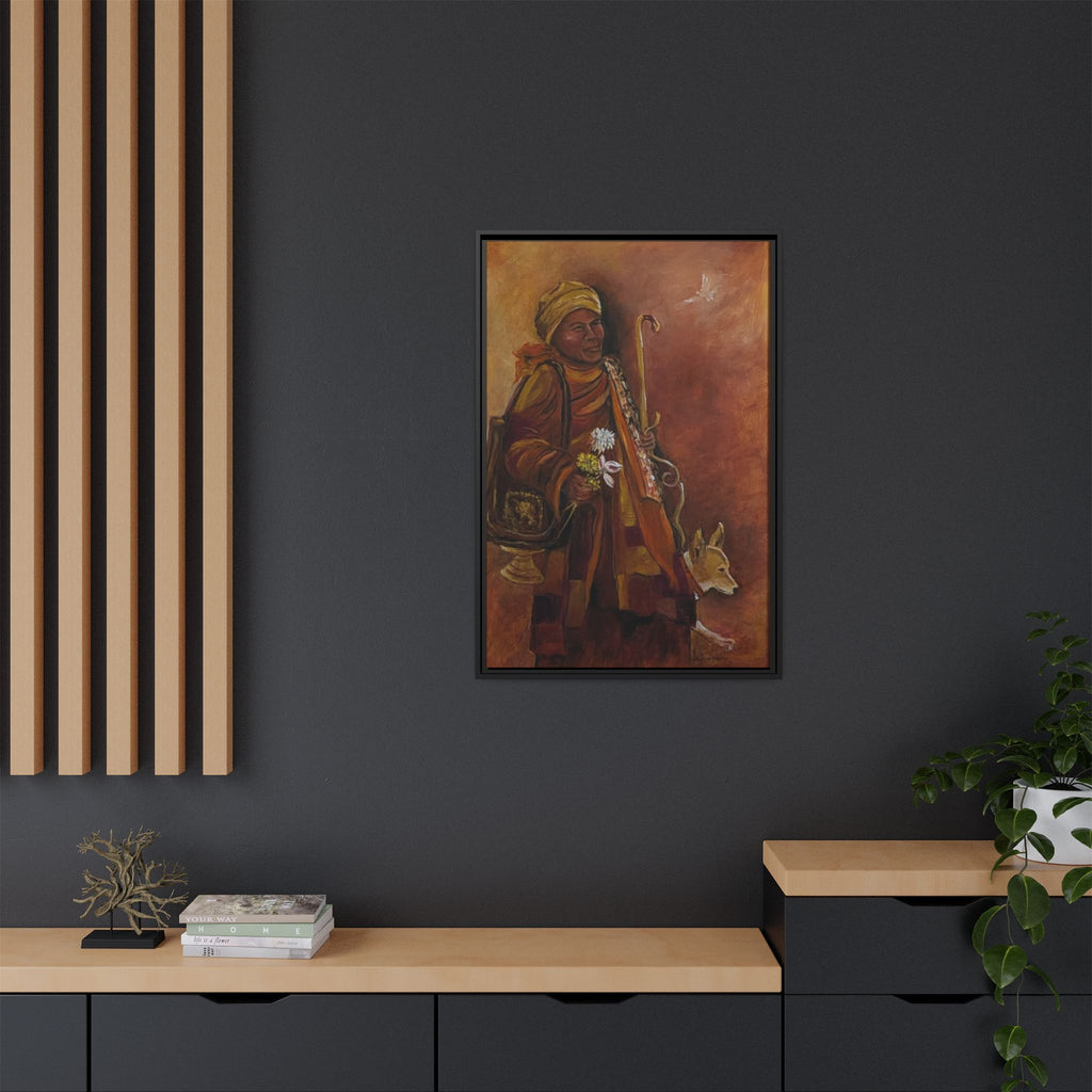Monk & Dog & Dove Matte Canvas Framed | Earth Tone Wall Art