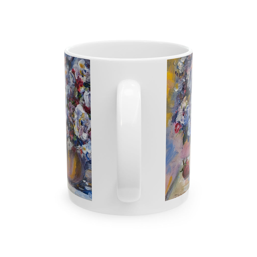 Floral + Strawberry Still Life Ceramic Mug – Impressionist Bouquet Coffee Cup (11oz & 15oz)