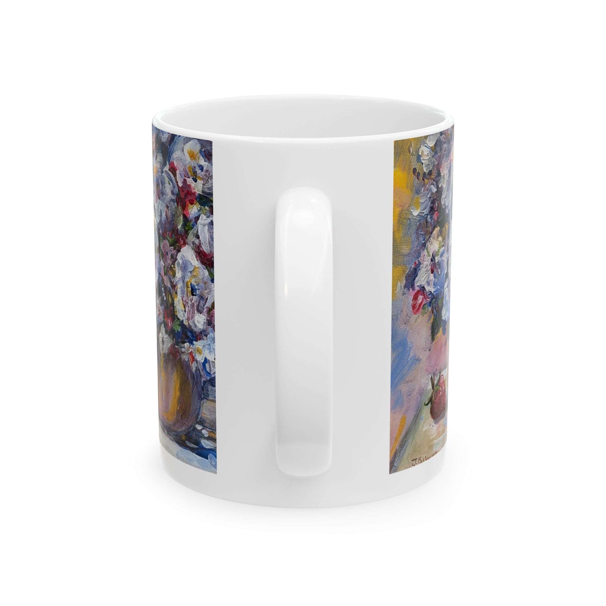 Floral + Strawberry Still Life Ceramic Mug – Impressionist Bouquet Coffee Cup (11oz & 15oz)