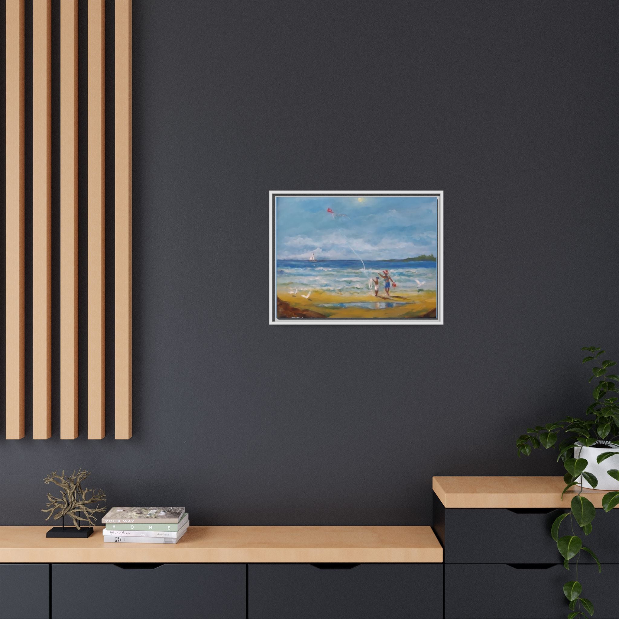 Kite on shore Framed Matte Canvas Wall Art