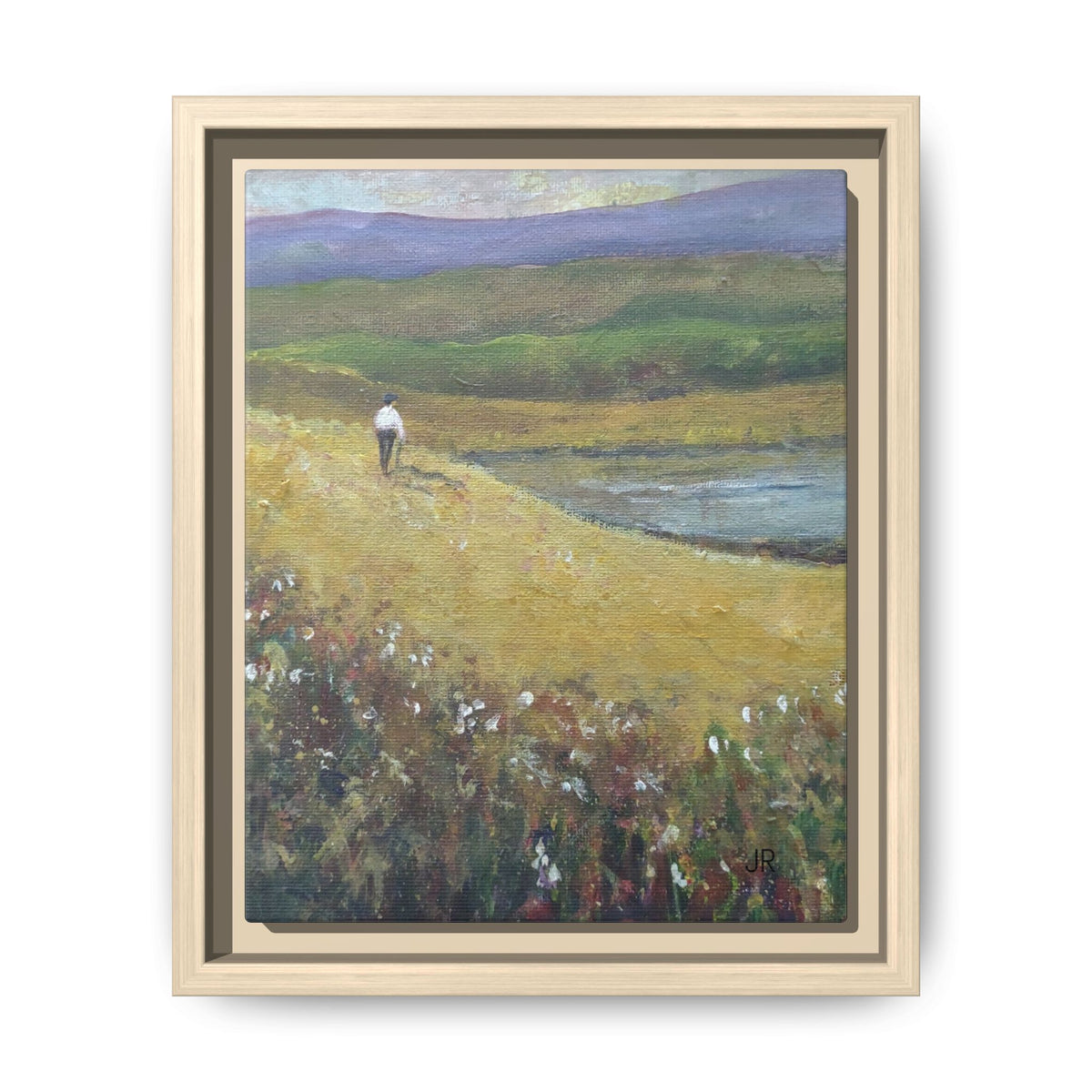 Solitary Walker Landscape Matte Canvas Framed | Pastel Field Wall Art