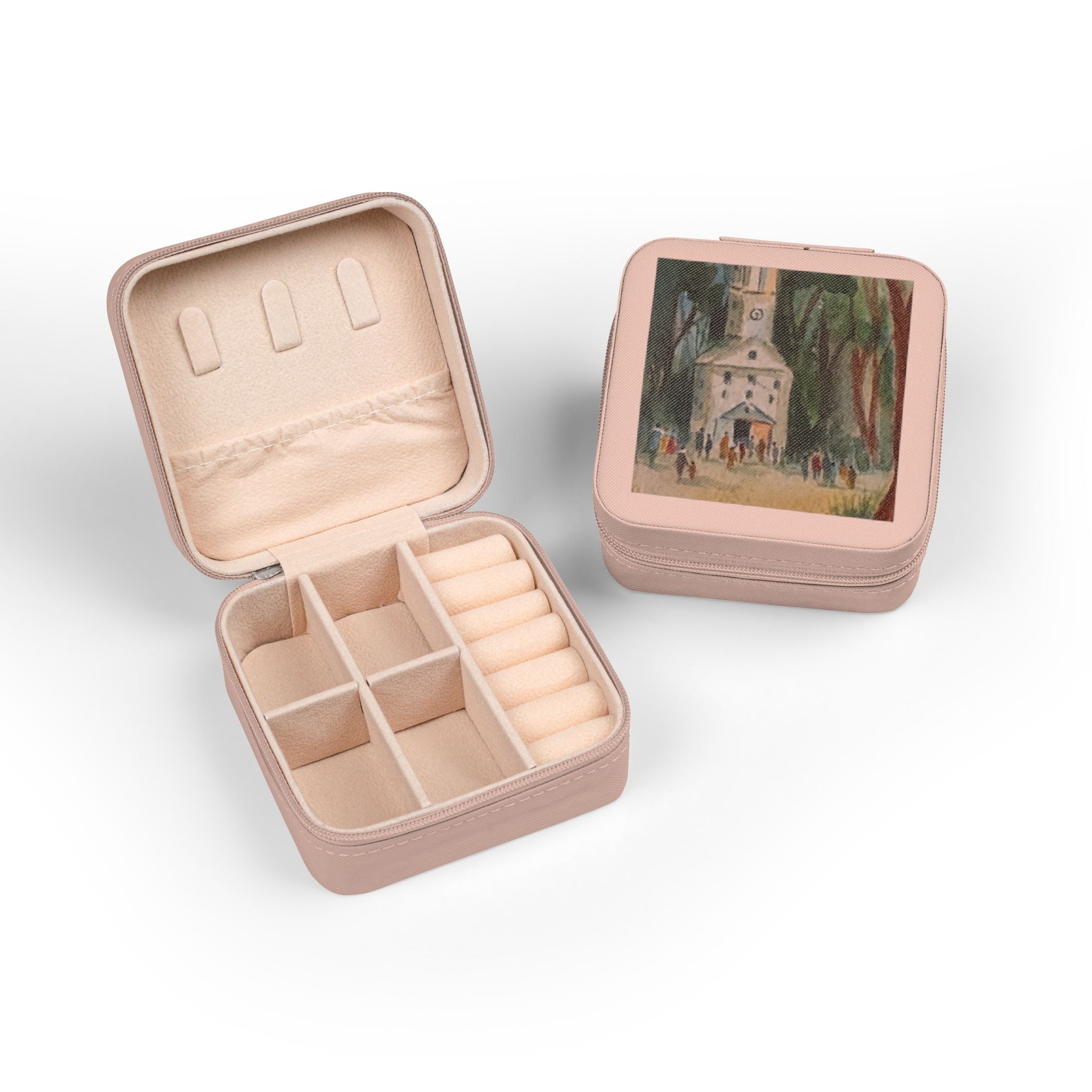 Church Painting Jewelry Travel Case | Compact Square Portable Jewelry Box