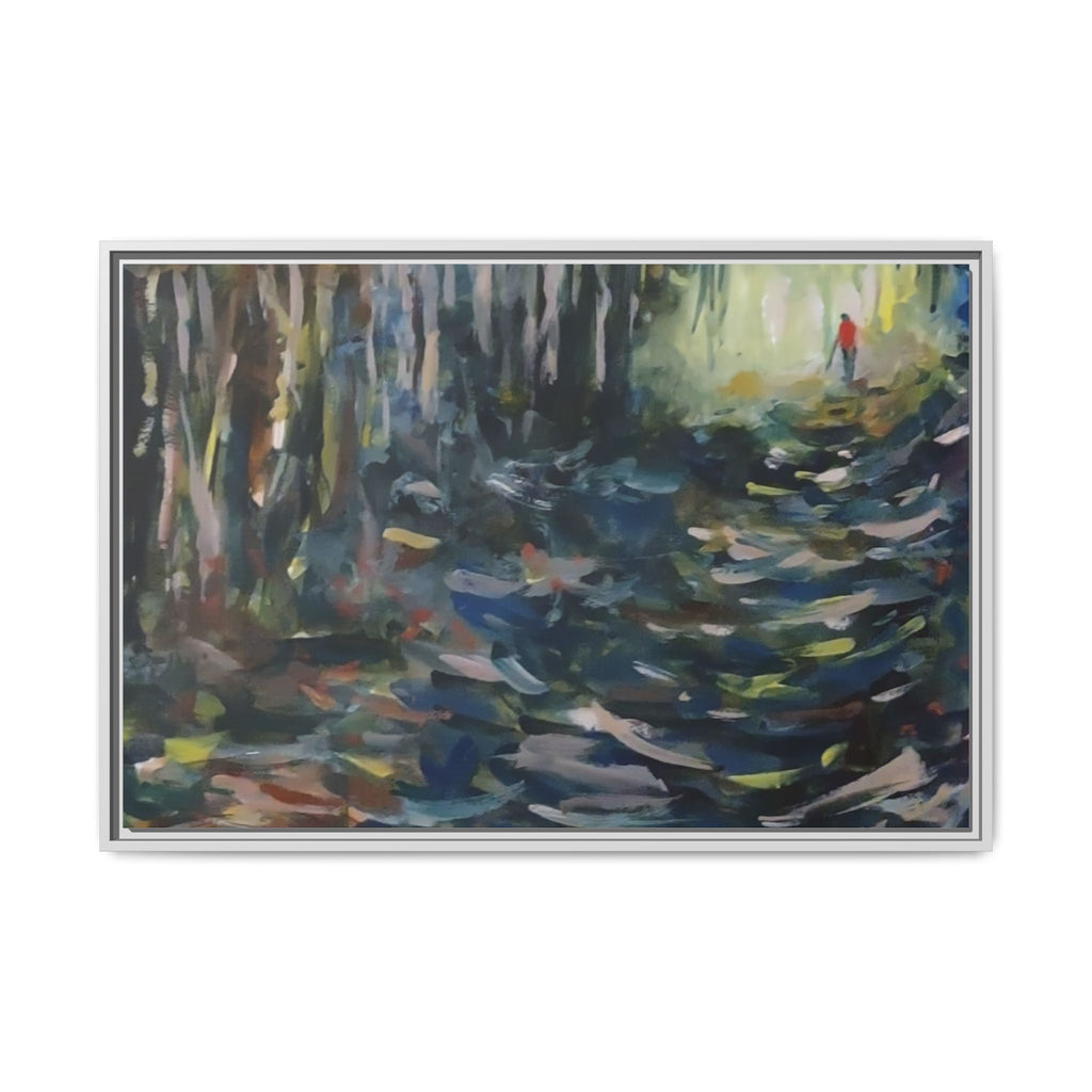 Forest Path Abstract Matte Canvas Framed | Red-Coated Figure, Blue-Green Impressionist Wall Art