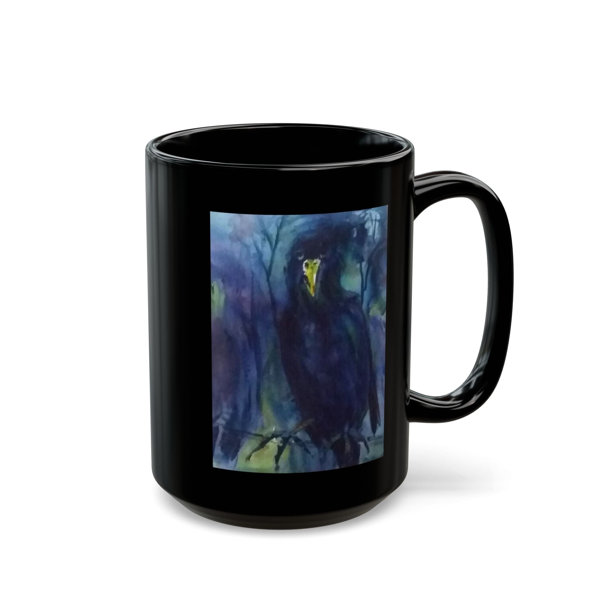 Dark Raven Watercolor Black Mug | Personalizable Gothic Bird Art, Night Forest
