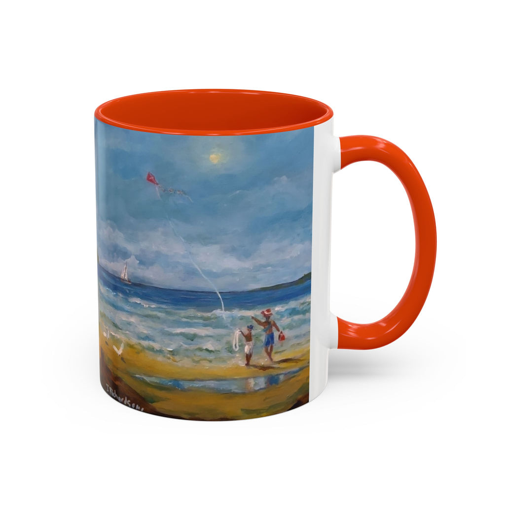 Beach & kite scene, Coffee Accent Mug - Personalize it! Colorful Ceramic Mug (11oz, 15oz)
