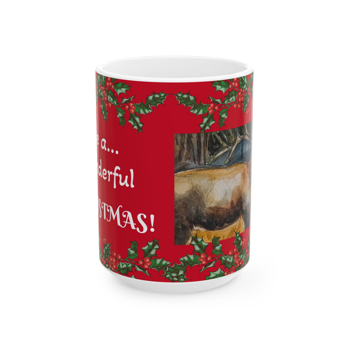 Rustic Elk Painting Christmas Mug | Holiday Holly Border Ceramic Mug