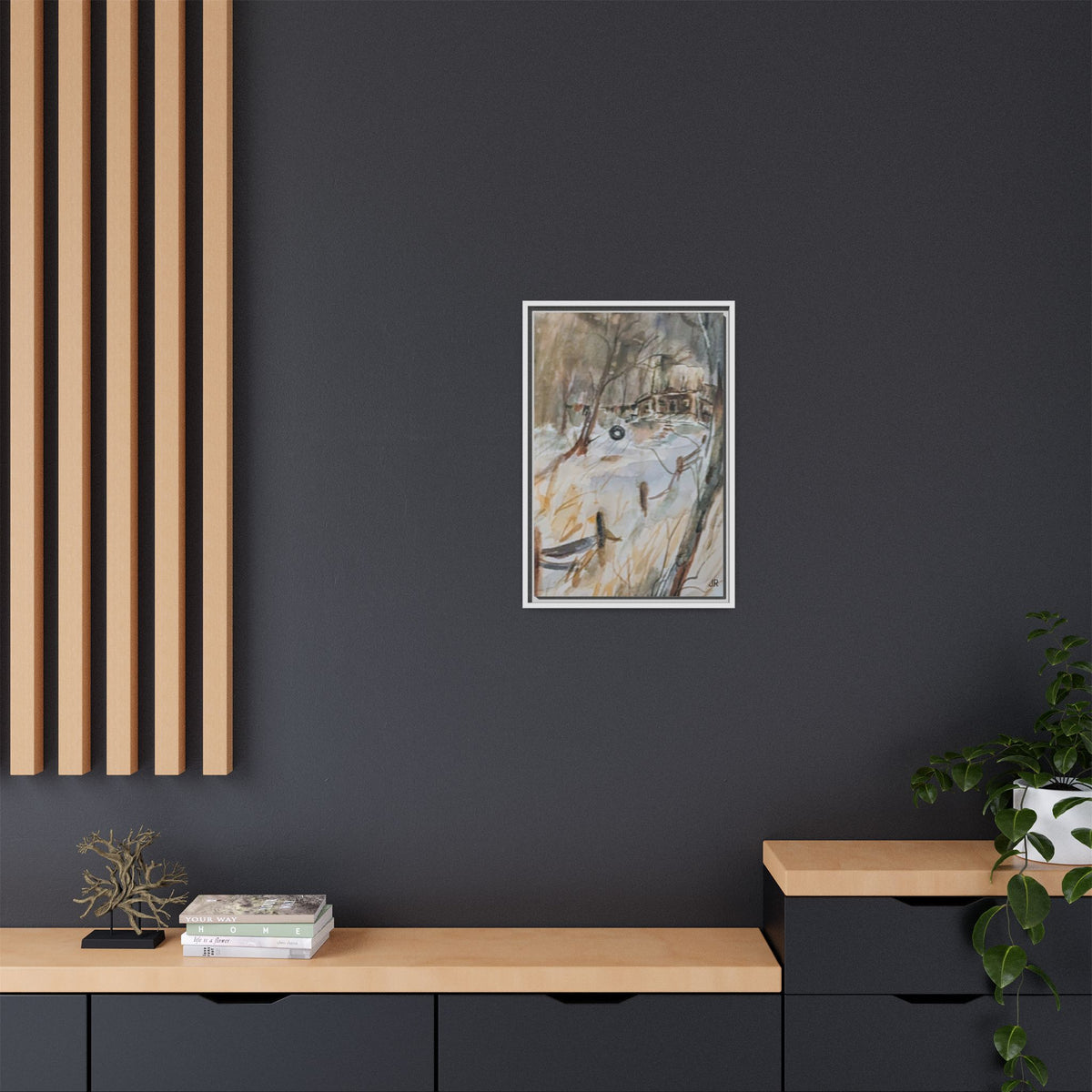 Winter Cabin Landscape Framed Canvas Print