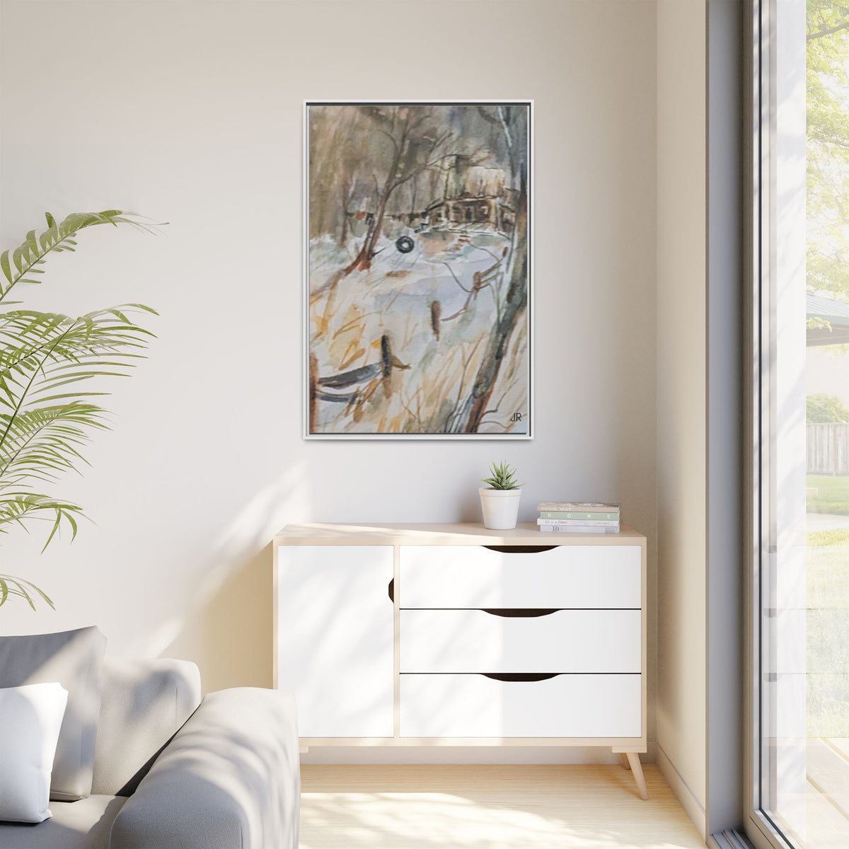 Winter Cabin Landscape Framed Canvas Print