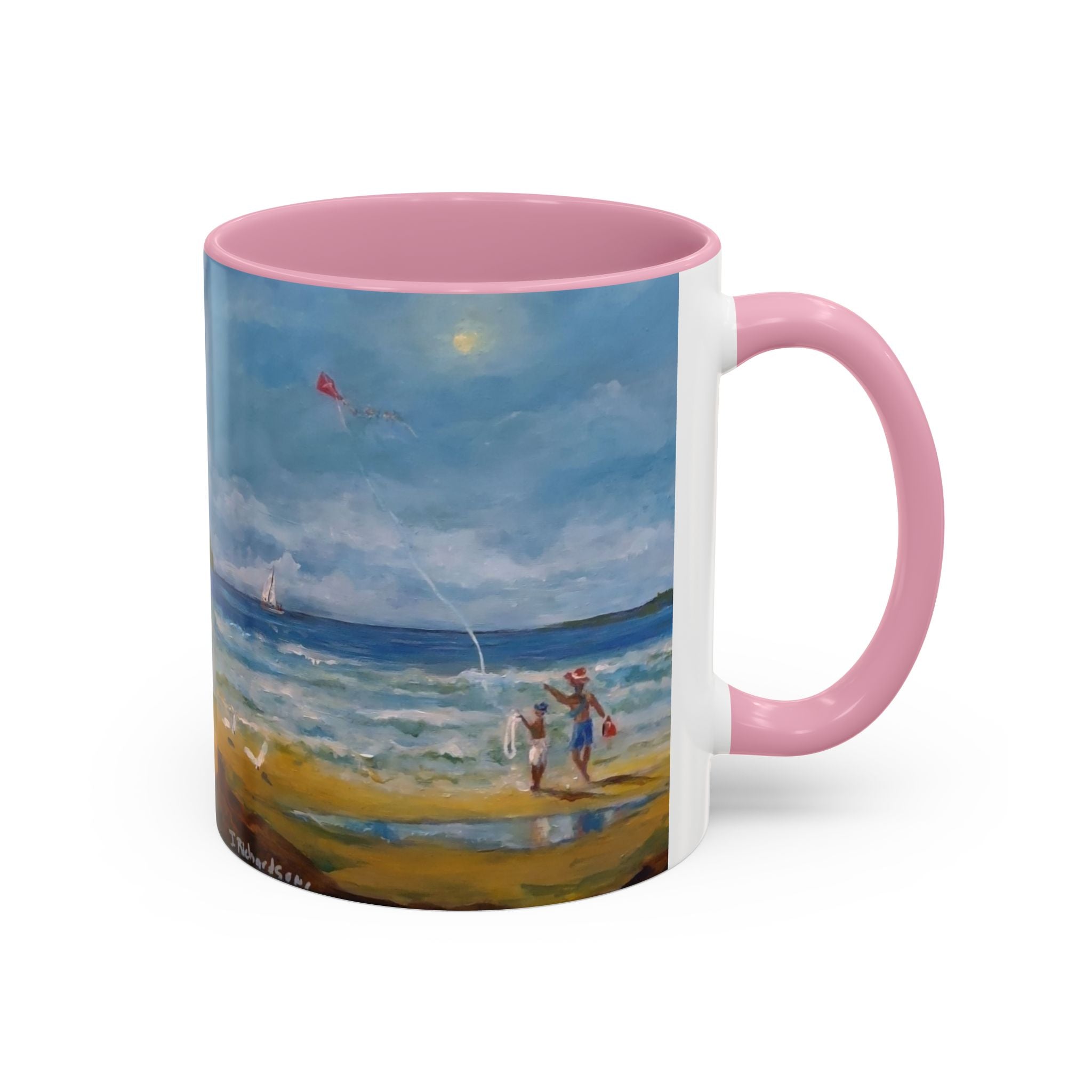 Beach & kite scene, Coffee Accent Mug - Personalize it! Colorful Ceramic Mug (11oz, 15oz)