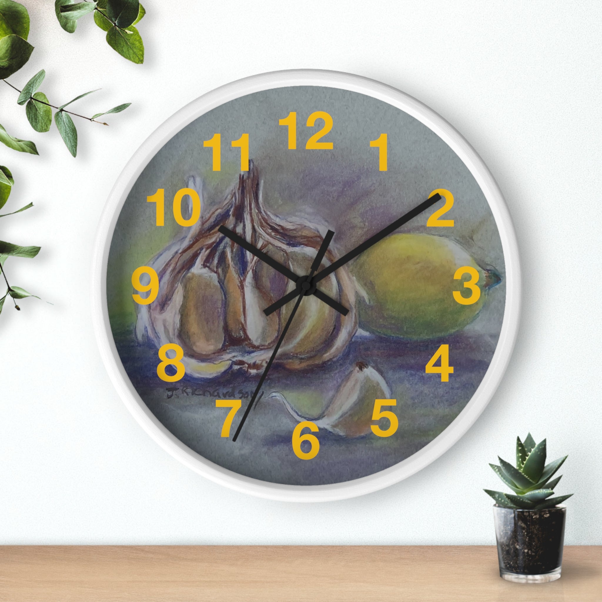 Garlic & Lemon Kitchen Wall Clock — Still Life Food Art Home Decor