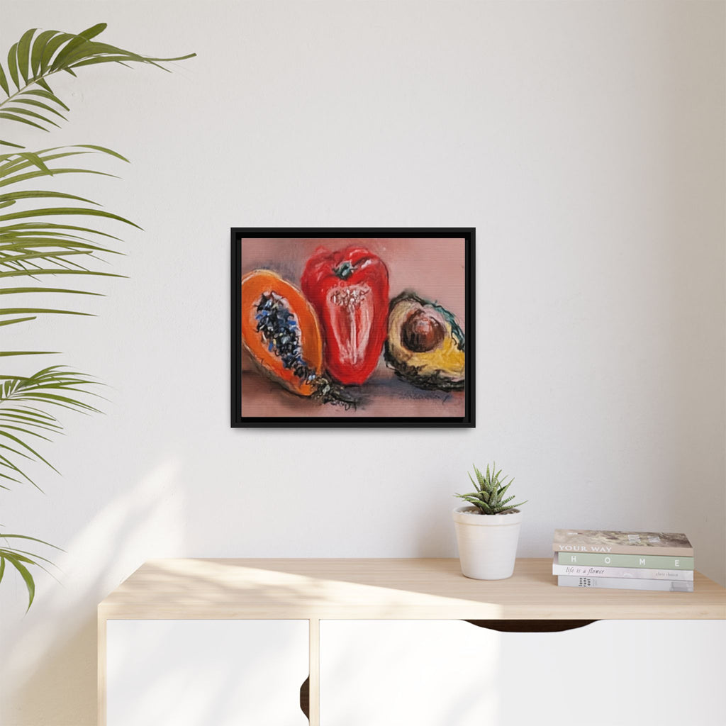 Framed Matte Canvas Art — Vibrant Still Life: Papaya, Red Pepper & Avocado