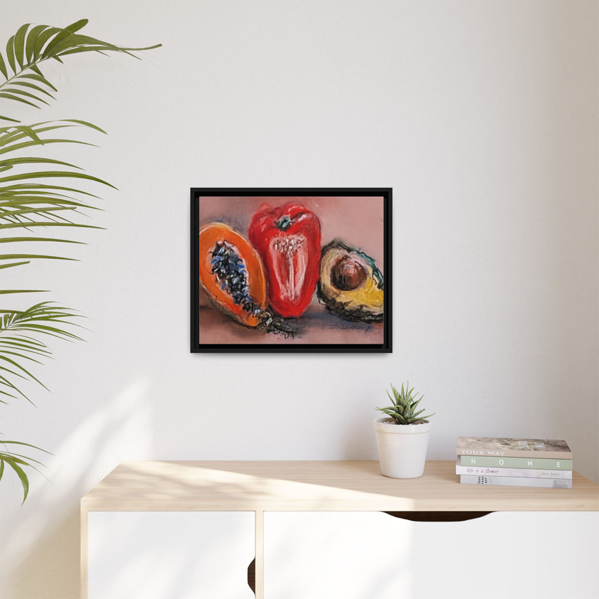 Framed Matte Canvas Art — Vibrant Still Life: Papaya, Red Pepper & Avocado