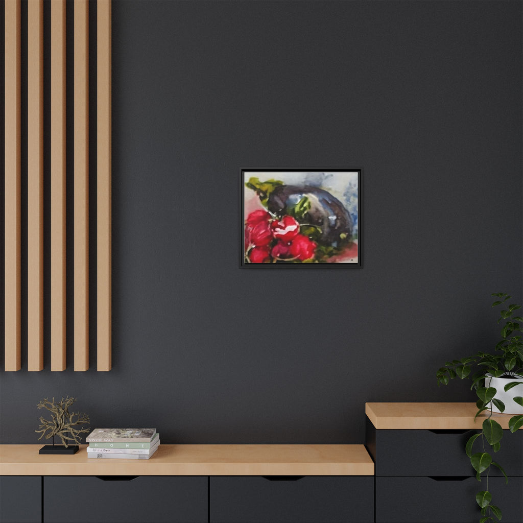 Ripe Eggplant and Red Radishes Canvas Framed Matte Canvas | Still Life Kitchen Wall Art