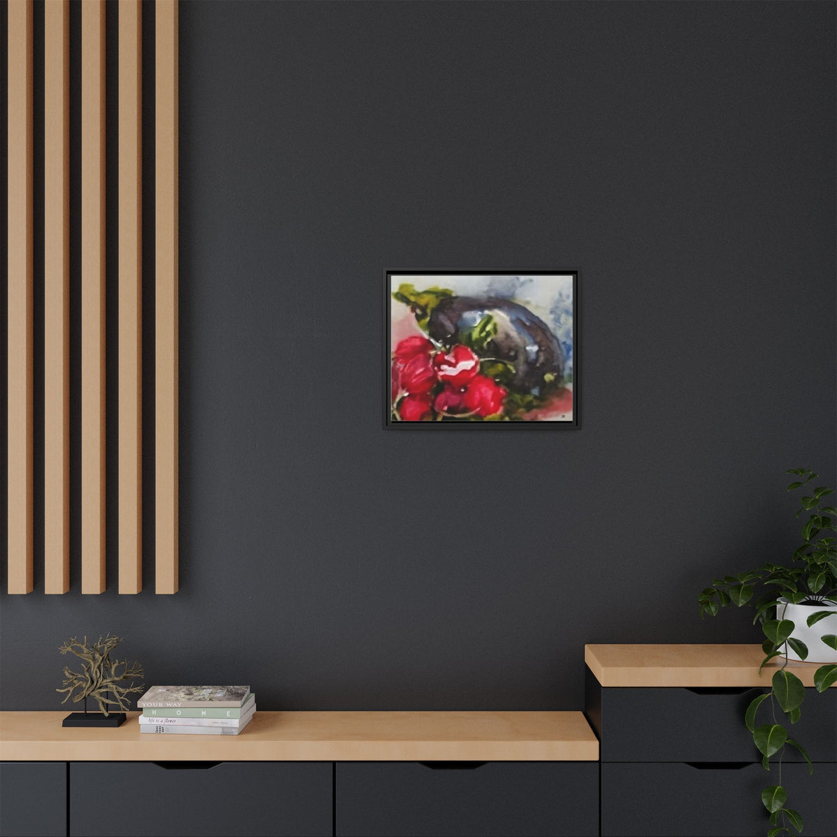 Ripe Eggplant and Red Radishes Canvas Framed Matte Canvas | Still Life Kitchen Wall Art