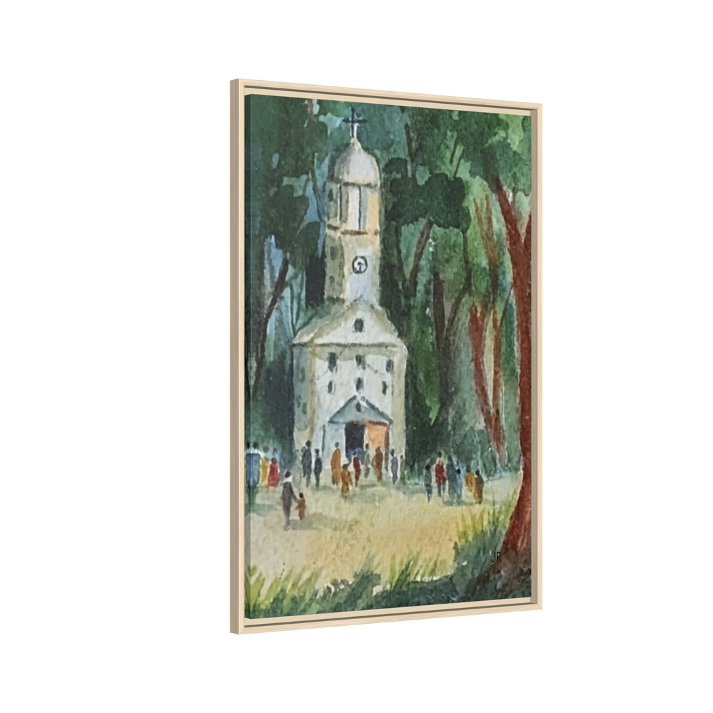 Framed Matte Canvas Print — Watercolor Church in Woodland Scene